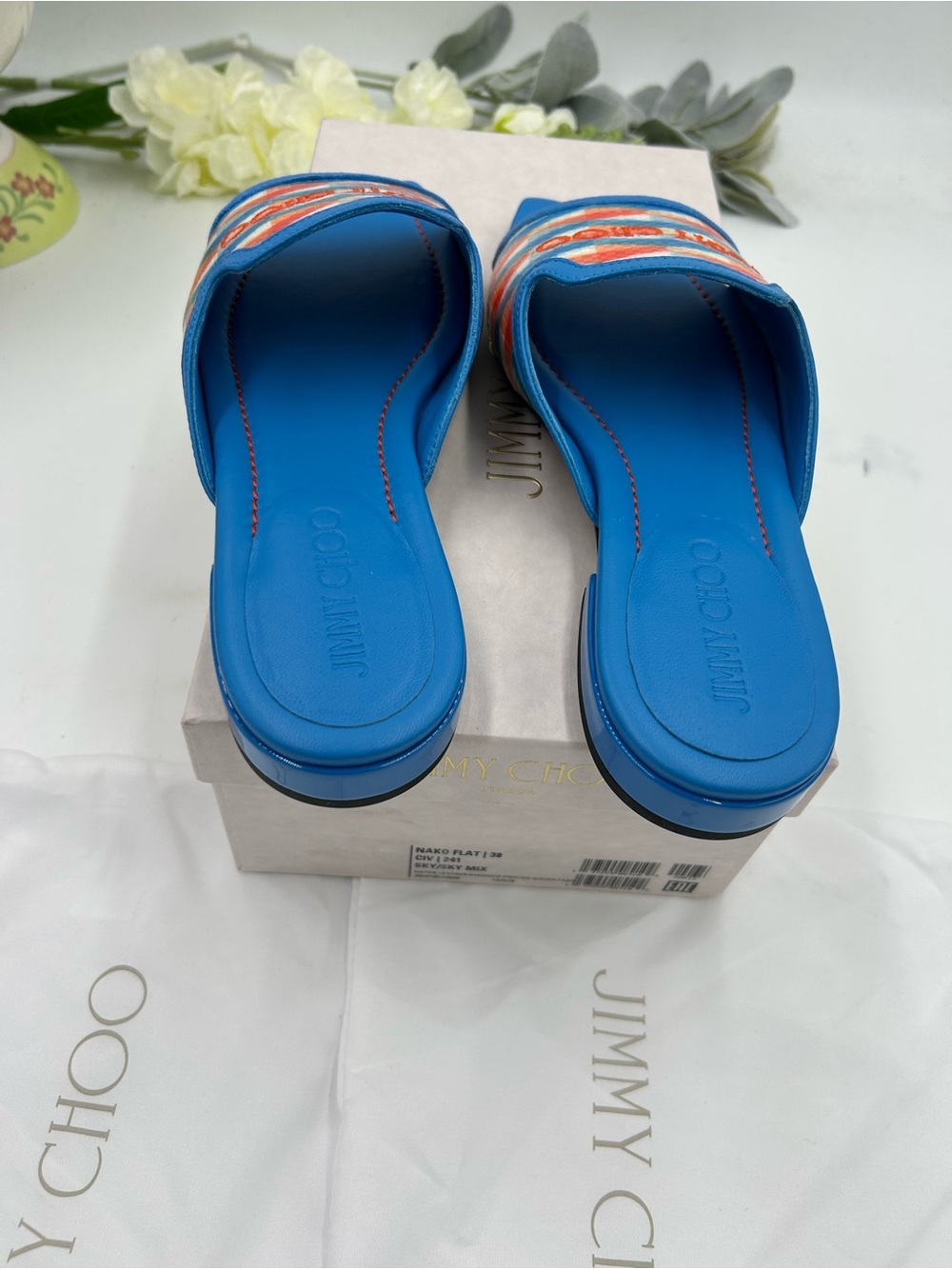 Women's Jimmy Choo Bright Blue Multicolor Patterned Slide Sandals size 38 - Picture 7 of 10